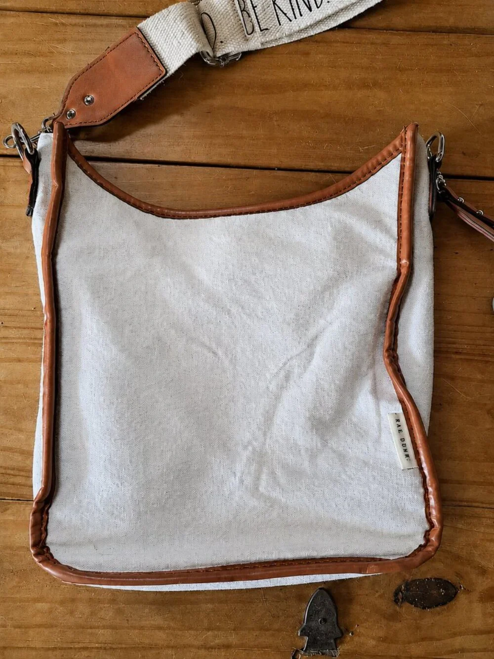 BE KIND Rae Dunn Crossbody Shoulder Bag Off White Canvas Tote Brown Trim